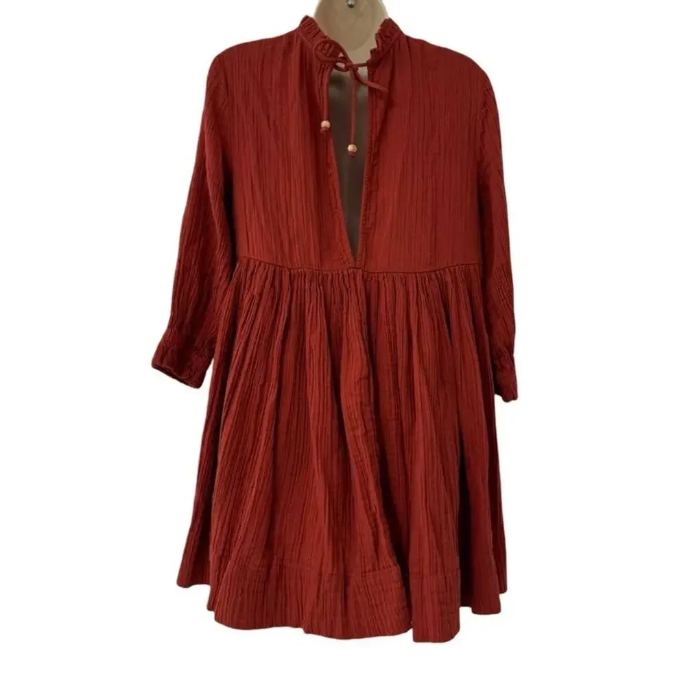 Free People Mini Oversized 3/4 Sleeve Gauze Dress Dark Orange 100% Cotton sz XS